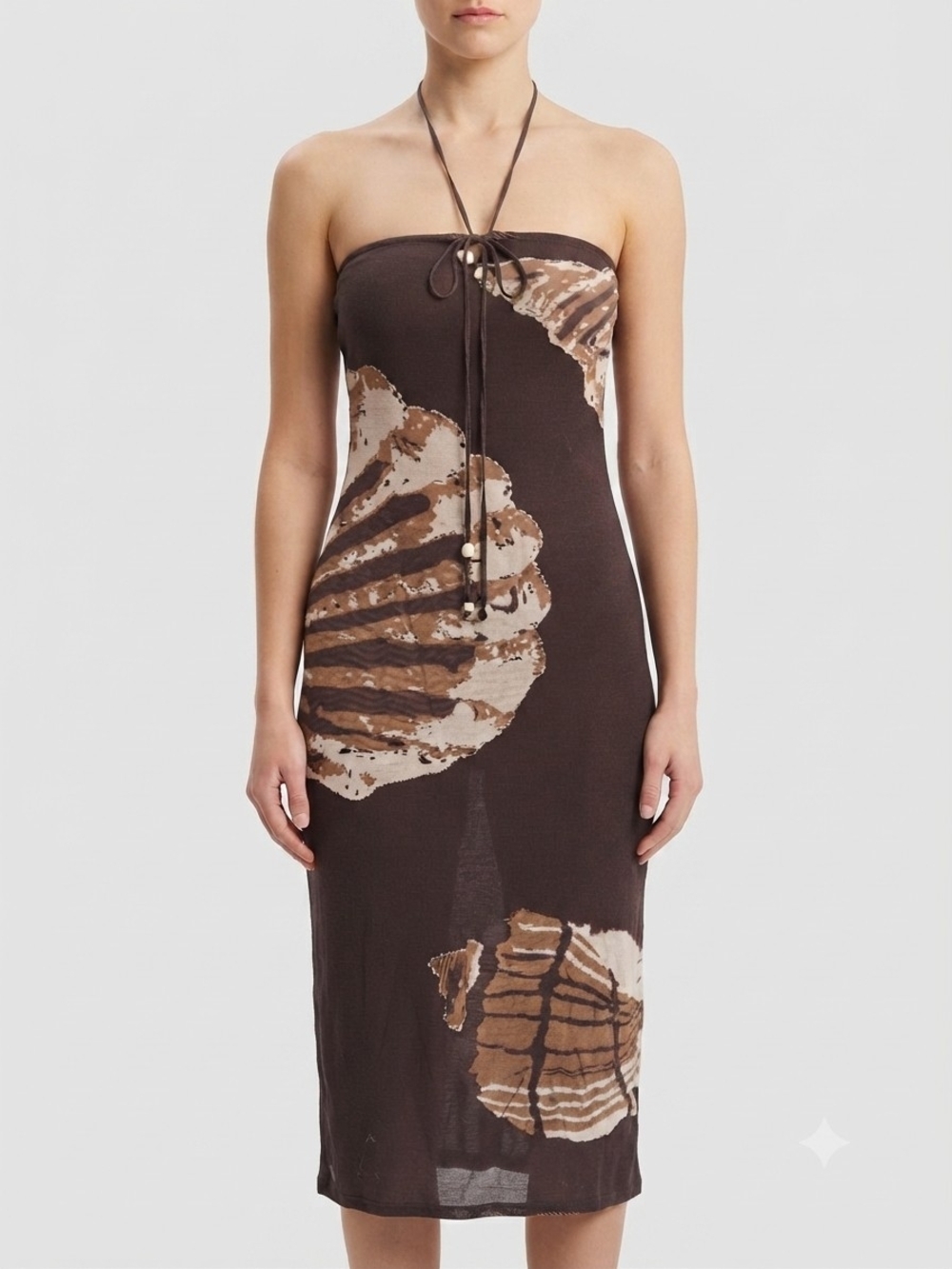 Torn by Ronny Kobo Strapless Shell-Print Brown Midi Dress L